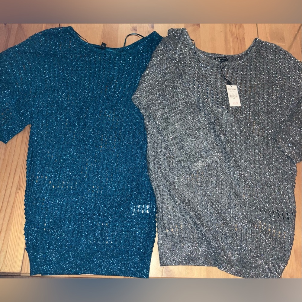 NWT 2 Express Sweaters Teal and Silver Women's Size Small 3/4 Sleeve Rare